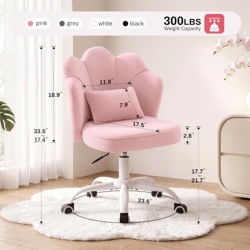 Vanity Chair with Wheels, Swivel Velvet Makeup Desk Chair, Pink