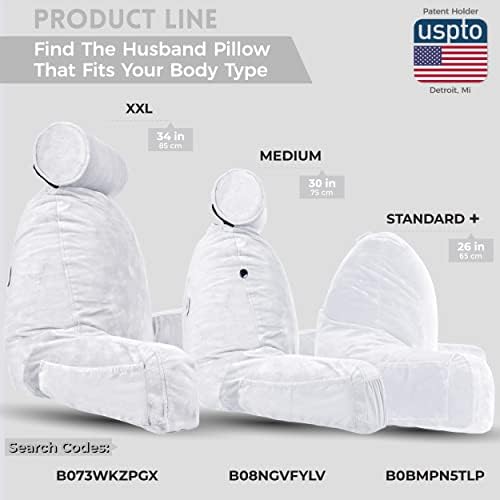 Husband Pillow Medium Reading Pillow with Arms - 23" Backrest for Sitting Up in Bed - Firm Support Bed Rest Pillow for Adults, Neck Roll, Removable Cover - TV, Reading, Lounging - White