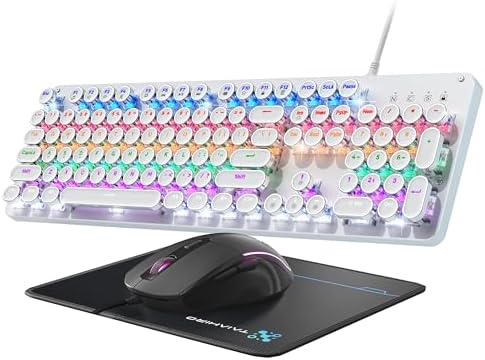 Typewriter Mechanical Gaming Keyboard and Mouse, Metal Panel Retro Keyboards with Round Keycap Blue Switch, Rainbow LED Backlit 104-Key Anti-Ghost Wired Mouse and Pad Combo for PC Laptop Mac Gamer