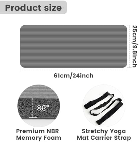 Yoga Knee Pad Cushion, 24 x 9.8 x 0.8 in Thick Mini Yoga Mat, Odor-Free NBR Workout Mat with Storage Strap, Small Exercise Mat for Yoga, Pilates, Kneeling, Planks & Home Gym