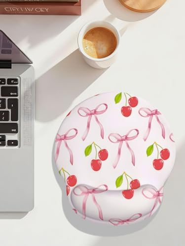 Seorsok Ribbon Bow Cherry Mouse Pad with Gel Wrist Support Mouse Pad,Ergonomic Aesthetic,Comfort Mousepad for Office Work Computer,Pain Relief Mousepad with Non-Slip Silicone Base,Bow&Red Cherry