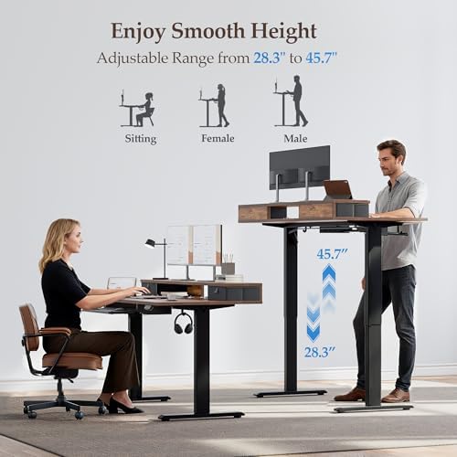 Klicelor 55 x 24 Inch Electric Standing Desk with Drawers and Keyboardtray, Adjustable Height Small Sit Stand Desk for Home Office, Compact Computer Workstation with Storage- Rustic Brown
