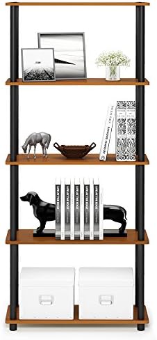 Furinno TURN-N-TUBE Storage Shelves, 5-Tier Book Shelf, Corner Shelf, Toolless Open Shelves, for Organization and Storage, Living Room, Garage, Home Office, Light Cherry