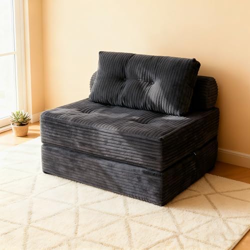 Nigoone Folding Sofa Bed Futon, Supportive Sleeper Chair with Pillow, Comfy Corduroy Floor Couch, Versatile Convertible Mattress for Bedroom/Living Room/Guest/Office, Dark Grey