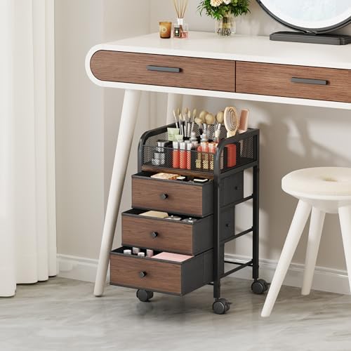 SWTYMIKI Rolling Makeup Organizer Cart - Under Desk Vanity Makeup Storage with 3 Non-woven Drawers, Nail Cart Organizer Cosmetic Display Cases Cabinet for Skin Care Perfume Nail Polish Brush Hair Tool