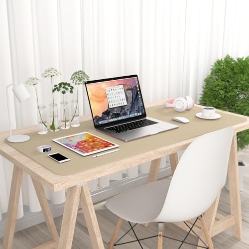 Hsurbtra Desk Pad, 35.5" x 17" PU Leather Desk Mat, XXL Extended Mouse Pad, Waterproof Desktop Blotter Protector, Non-Slip Ultra Thin Large Laptop Keyboard Writing Mat for Office Home, Beige