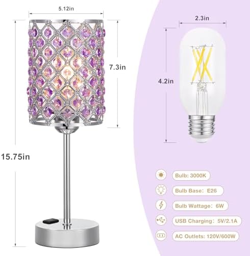 Hong-in Crystal Lamps for Night Stands, Purple Table Lamp for Bedroom