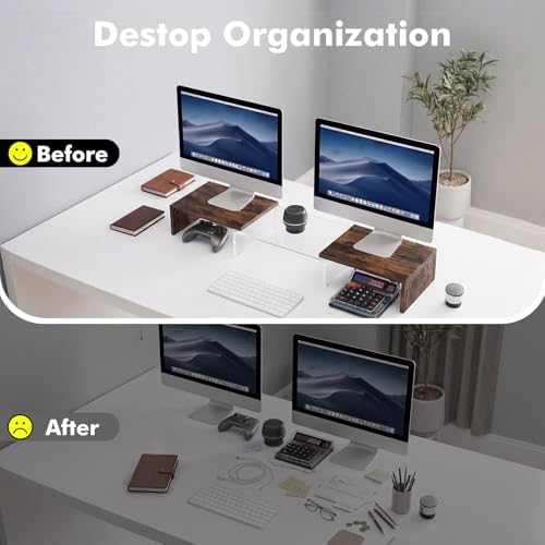 Dual Monitor Riser, Acrylic Monitor Riser, Adjustable Angle & Length Computer Monitor Stand, Wide Desk Shelf for Top of Desk for Home Office_Wood Look Small