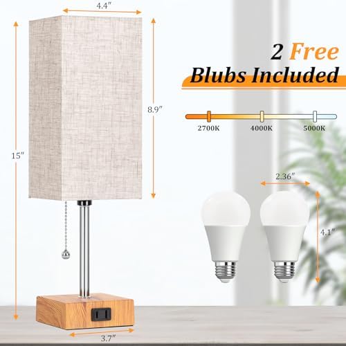 Table Lamp for Bedroom set of 2,3-Color Bedside Lamps with Pull Chain Wood