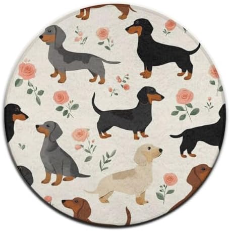 Large Machine Washable Circular Rugs, Home Decor Round Mat for Living Room Sofa Office Cute Dachshund Floral