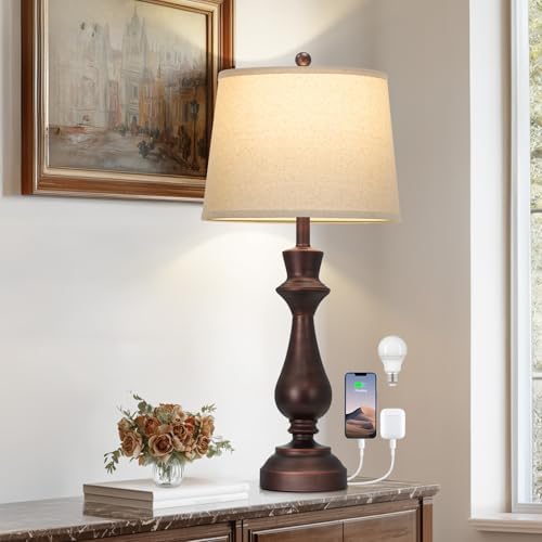 Vintage Table Lamp for Living Room,30" Tall Bedside Lamp with USB Charging Port,3-Way Dimmable Touch Nightstand Lamp for Bedroom Desk Side Table Office,Brown-1P