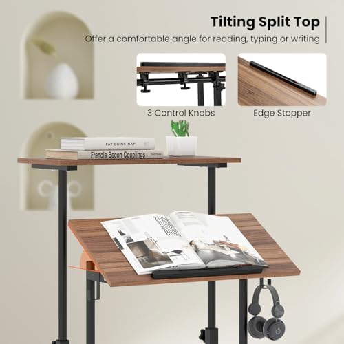 Tangkula Mobile Standing Desk, Height-Adjustable Laptop Podium Cart with Tilting Tabletop & Adjustable Angle, Rolling Stand Up Computer Desk with 2 Hanging Hooks & Lockable Casters for Home Office