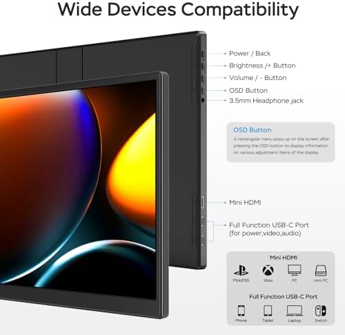 WGK 14 inch Portable Monitor 1200P FHD+ 100% sRGB Travel Display HDMI/USB-C Compatible with Laptops, Desktops, Phones, PS, Mac, Xbox, Switch, and Other Gaming Devices Includes Stand and Speakers VESA