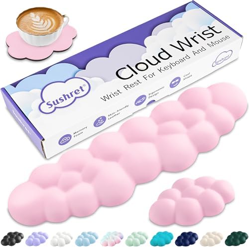 Sushret Cloud Wrist Rest Keyboard, Cloud Keyboard Wrist Pad Set with PU Leather Memory Foam, Cute Arm Rest for Palm Support, PC/Gaming Desk Accessories/Office Setup/Computer Hand Cushion - Pink