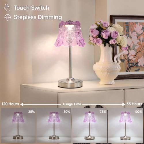 Shenmoyl Cordless Touch Table Lamp with 5200mAh Battery - 3 Adjustable Color Temperatures & Dimmable, Rechargeable Desk Lamp for Bedroom, Living Room, Office, Entryway, Bookshelves (Clear Purple Rose)