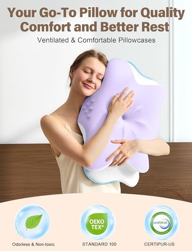 Cervical Neck Pillow for Pain Relief – Ergonomic Memory Foam Pillow for Side Sleeper Contour Orthopedic Bed Pillow for Neck Support with Cooling Cover – Ideal Christmas Birthday Gift - Purple