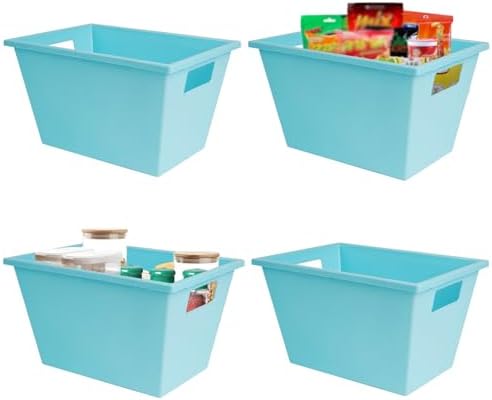 KOOMADE 4PC Plastic Stackable Storage Basket - Large Basket Organizer with Handle for Kitchen ,Offices ,Shelving, Pantry,Cabinet and Bathrooms Open Storage Bin for Space Optimization Portability-Blue