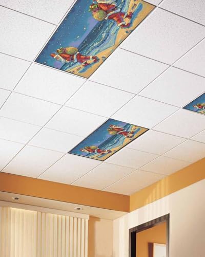 Christmas Beach Magnetic Fluorescent Light Covers for Ceiling Lights 2 x 4 Feet,Santa Claus Palm Trees Sandy Blue Office Classroom Kitchen Drop Ceiling Light Covers Lighting Filters Shade Panel 1 Pack