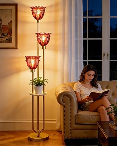 Lightdot Glass Floor Lamp with Shelf Red Glass Flower Gold Floor Lamps