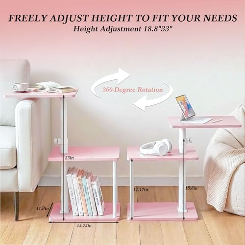 Faesun Swivel Side Table for Couch Arm, Adjustable C End Table for Recliner or Bed, Tv Trays with Storage Shelf for Small Spaces Small Nightstand Table for Living Room, Bedroom，Pink