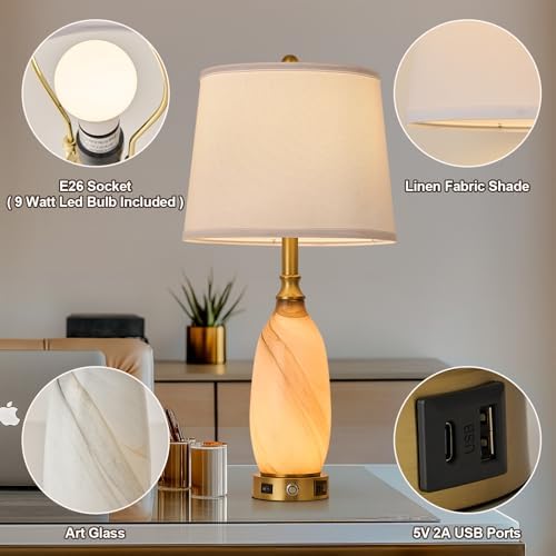 AIDENOEY 26" Modern Art Glass Table & Bedside Lamp, Stepless Dimmable Base + Dimmable 3-Color Light, USB A/C Charging Ports, Touch Control & Switch for Bedroom, Living Room, Office, Study