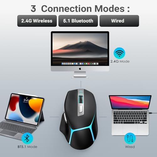 JOYACCESS Wireless Bluetooth Mouse, Rechargeable Wireless Mouse with LED, Three Mode Bluetooth, 2.4G & Wired, Silent, Wireless Ergonomic Mouse for Laptop, PC, MacBook, iPad, Tablet (Black)