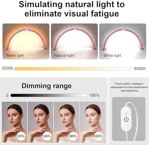 Half Moon Light for Nail Desk - 29-inch LED Nail Tech Lamp with Hands Pillow, Phone Holder，Dimmable Arch Design,48W Portable Manicure Light for Salon and Home Use（Pink-Pink Diamond）