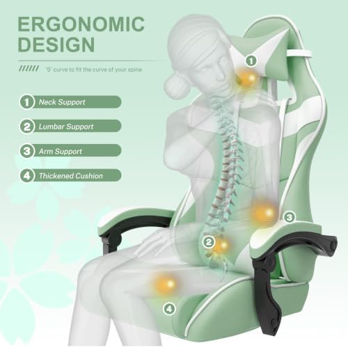 Huracan Gaming Chair with Footrest, Ergonomic Computer Chair Lumbar Support, Adjustable High Back Recliner for Adults, Racing Style Video Gaming Chairs, for Home Office Streaming, Light Green