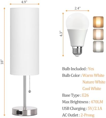 Dott Arts 18" Table Lamp for Bedroom, 3-Color Bedside Lamps with Pull Chain