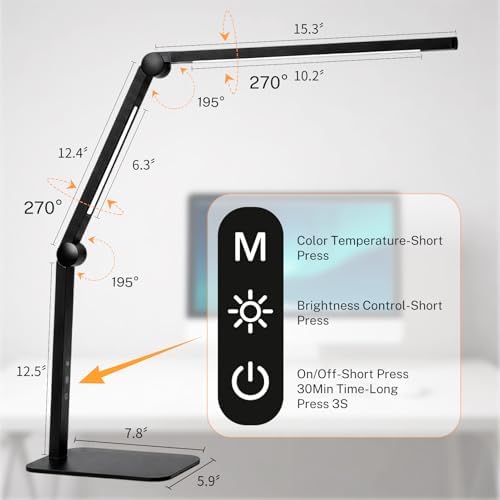 LED Desk Lamp for Home Office with Base, Dimmable Eye Care Architect Desk Light, Adjustable Swing Arm Dual-Light Lighting for Computer Monitor Work Desk Light, Reading, Study & Workbench