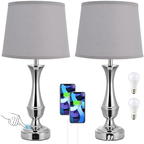 Touch Lamps for Nightstand, 3 Way Dimmable Lamps for Bedroom with USB C+A