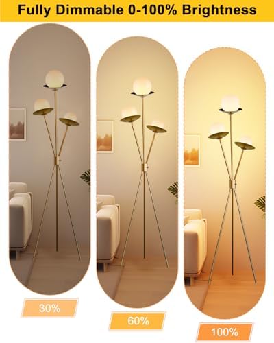 3 Globe Dimmable Tripod Floor Lamp, Mid Century Floor Lamps with 3Pcs 3000K Bulbs Included, Modern Gold Tall Lamp for Living Room Bedroom Home Office Sofa Beside Corner Decor