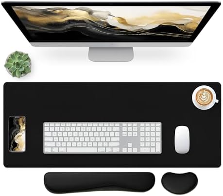 Bloss Leather Desk Pad and Keyboard Wrist Rest, Non-Slip Large Mouse Pad + Keyboard Pad + Mouse Wrist Support, Desk Mat Protector for Office, Home(27.6" x 13.8", Black)