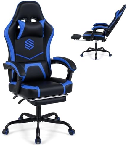 Giantex Gaming Chair, Height Adjustable Computer Desk Chair with Headrest, Lumbar Support, Linkage Armrests, Reclining Backrest & Footrest, Ergonomic Office Chair, Video Game Chair (Blue)