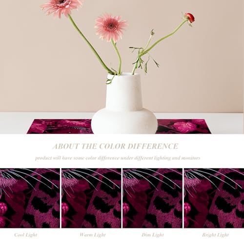 Shrahala Cute Leopard Set of 4 12 X 18 Inch Linen Placemats, Amaranth Leaves Pink and Black Burlap Table Mat Washable Double Layered Heat Insulation for Indoor/Outdoor