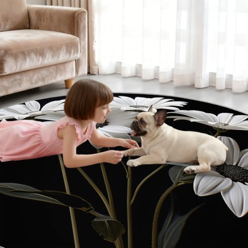 Floral Round Area Rug - 6.6ft Abstract Floral Round Rug for Living Room, Modern Fashion Circle Rugs Soft Non-Slip Carpet for Bedroom Kiks Room Dining Table Decor Mat