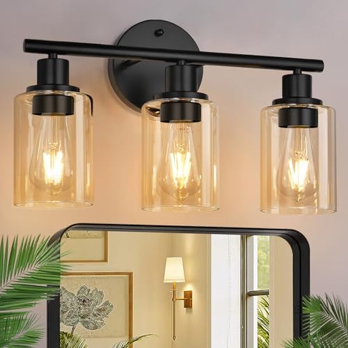 Zarbitta 3-Light Bathroom Light Fixtures, Black Modern Vanity Lights with Amber Glass Shades, Bathroom Wall Lamp for Mirror Kitchen Living Room Hallway Cabinet Porch