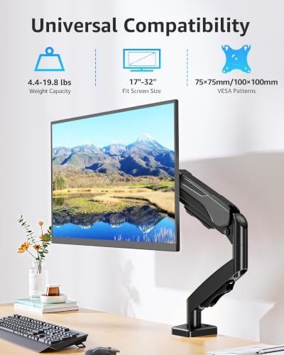 MOUNTUP Single Monitor Desk Mount Holds Screen up to 32 inch, Height Adjustable Monitor Arm, Full Motion Computer Monitors Stand with Clamp/Grommet Base, VESA Mounts Fit 4.4-19.8lbs Computer, Black