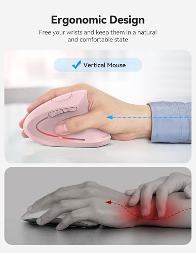 TECKNET Ergonomic Mouse Pink Rechargeable Vertical Wireless Mice Right Hand