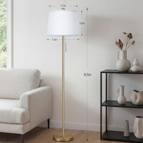 Gold Floor Lamps for Living Room, 63in Modern Standing Lamp 3 Way Brightness Dimmable with White Linen Shade Metal Base Tall Pole Light for Bedroom Reading Office Corner Nursery 8W LED Bulb Included