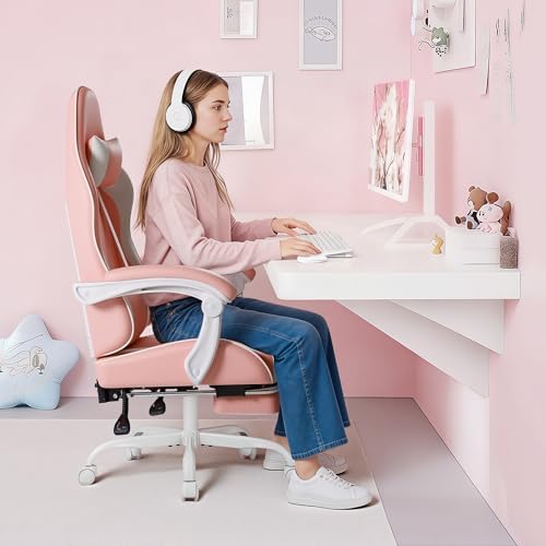 Shahoo Gaming Chair with Footrest and Massage Lumbar Support, Video Racing Seat Height Adjustable with 360° Swivel and Headrest for Office or Bedroom, Light Pink