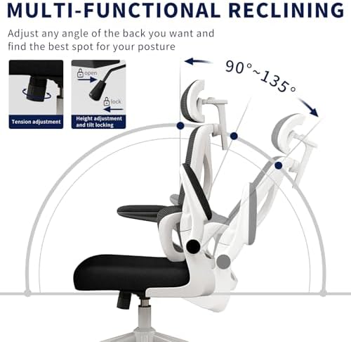 Ergonomic Office Chair - Desk Chair with Adjustable Headrest Lumbar Support Computer Chair - Mesh Comfy Chair with Flip-up Armrests - Gaming Chairs for Adults Home Office 330 LBS (White+Black)