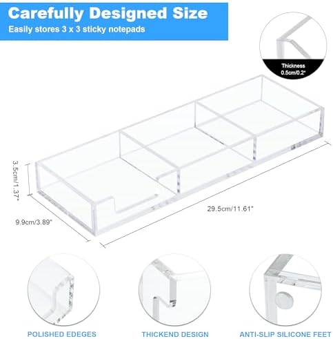 Sticky Note Holder 3 in 1 Clear Acrylic Self-Stick Memo Pads Holders Desk Organizer for School Office Home, Post Pop Notes Dispenser for 3"X3" Note Pads (BQ211)
