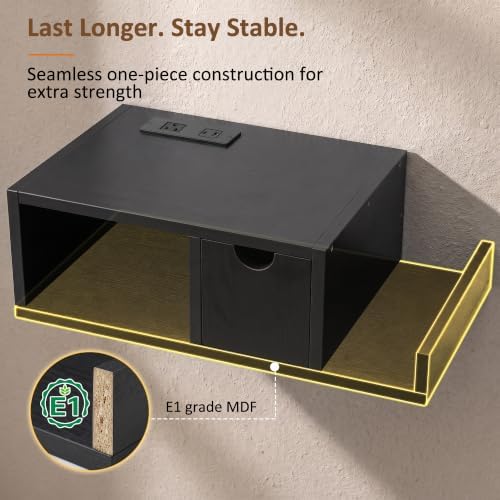 Afuly Black Floating Nightstand, Bedside Table with Charging Station&Drawer