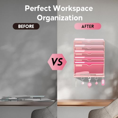6 Tier Wall File Organizer - Hanging File Organizer with 5 Hooks, Mail Holder Wall Mounted for Papers, Folders, Magazines, Bills, Office&School Organization, Pink