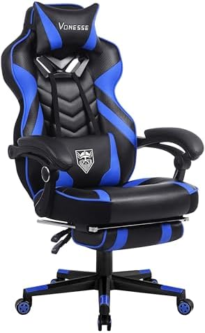 Vonesse Gaming Chair, Big and Tall Gaming Chair with Footrest and Massage, Gaming Chairs for Adults with Lumbar Support, Ergonomic High Back Computer Chair with Pocket Spring Cushion (Black/Blue)