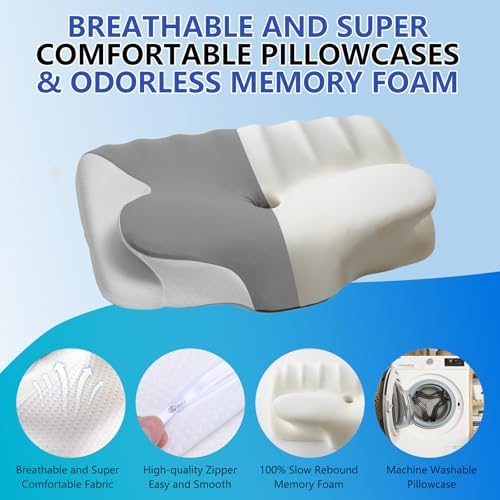 Cervical Neck Pillow for Neck Pain Relief, Ergonomic Contour Orthopedic Cooling Odorless Memory Foam Pillow, High-Density Slow Rebound, Support Side Back Stomach Sleepers with Washable Pillowcase