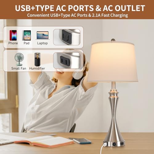 Living Room Deek Lamp Bedroom Table Lamp Set of 2,3 Way Dimmable Led Light Modern Industrial Table Lamps Sand Nickel Metal,USB Type A+C&Outlet, Linen Lampshade,Bulb*2
