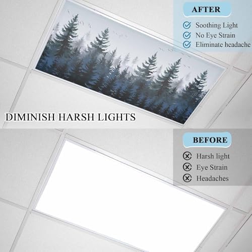 Forest Blue Trees Magnetic Fluorescent Light Covers for Ceiling Lights 2 x 4 Feet, Watercolor Nature Bird Office Classroom Kitchen Drop Ceiling Light Covers Lighting Filters Shade Panel 4 Packs