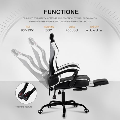 Gaming Chair for Adults with Footrest,White